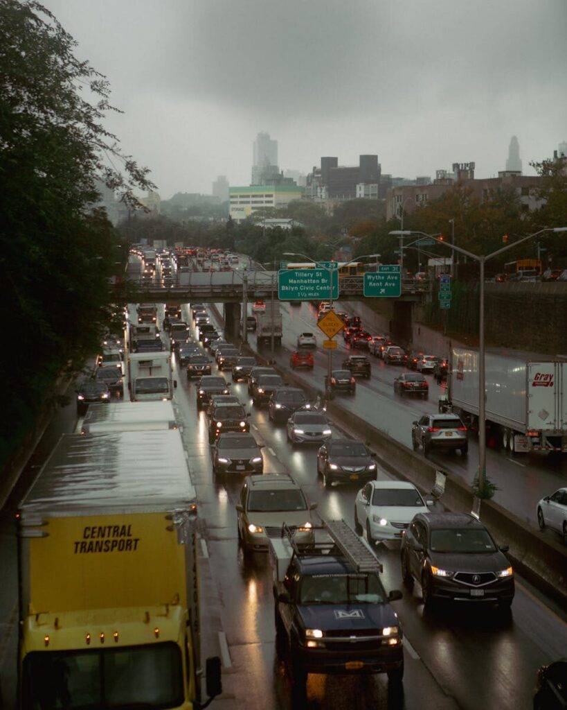 How to Plan a Last-Minute World Cup 2026 Trip (8-Week Countdown) 4 Heavy city traffic on a highway during peak hours with multiple cars