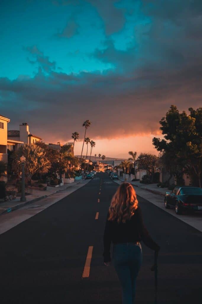 Person walking through a palm-lined neighborhood street in Los Angeles at sunset