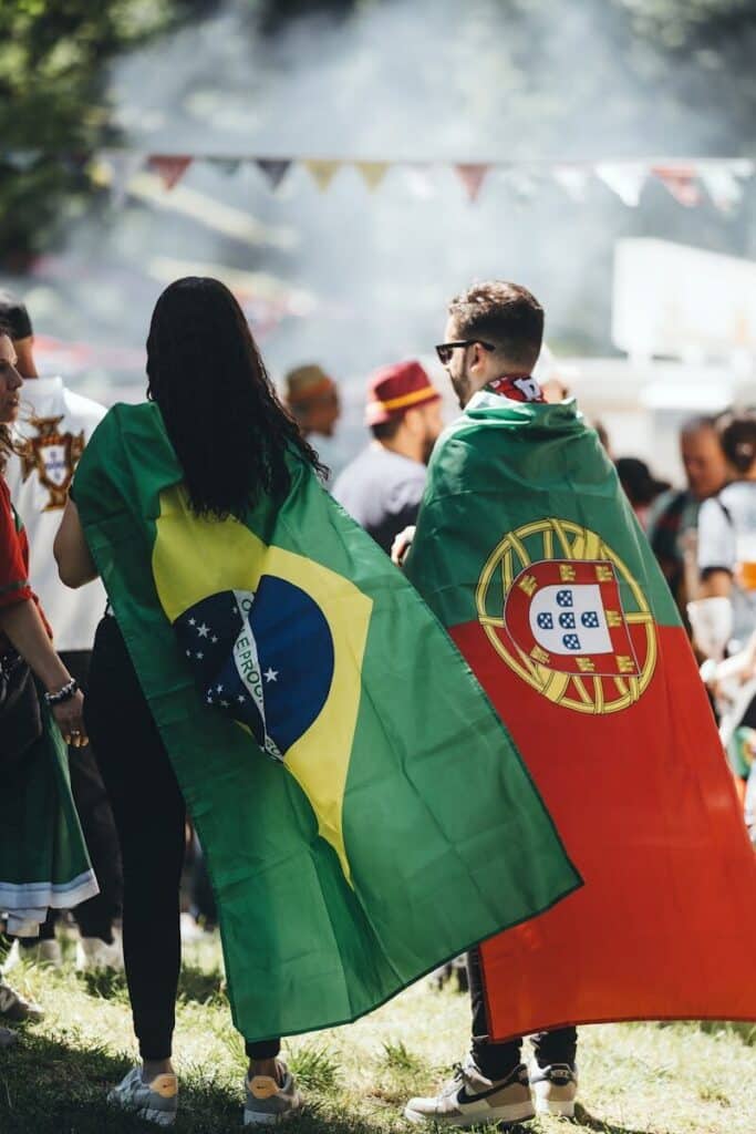 International football fans celebrating together at a World Cup fan festival in Los Angeles