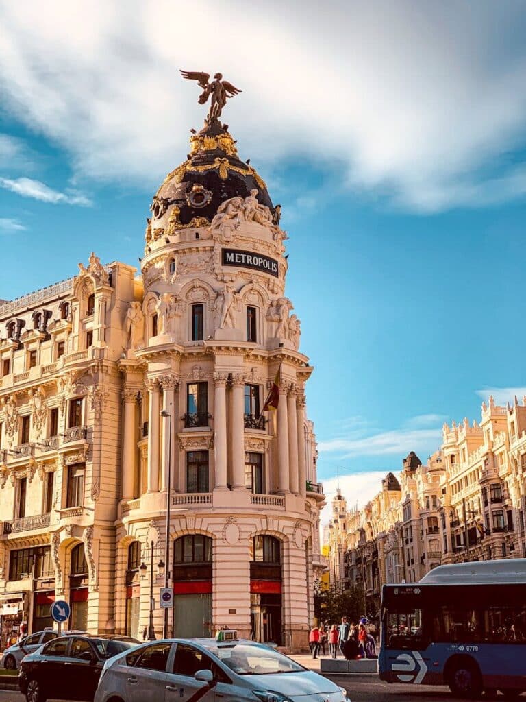 Metropolis building Madrid city centre street view Spain
