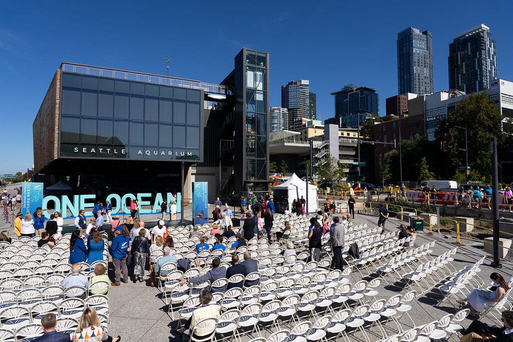 Public gathering area with seating and people in downtown Seattle