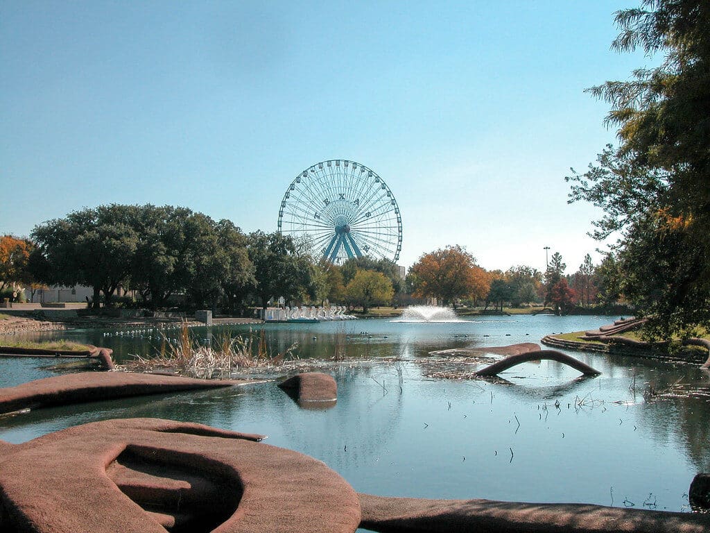 Top Things to Do in Dallas During the World Cup 2026 3 Fair Park in Dallas with Art Deco architecture and Texas Star Ferris wheel reflected in the water