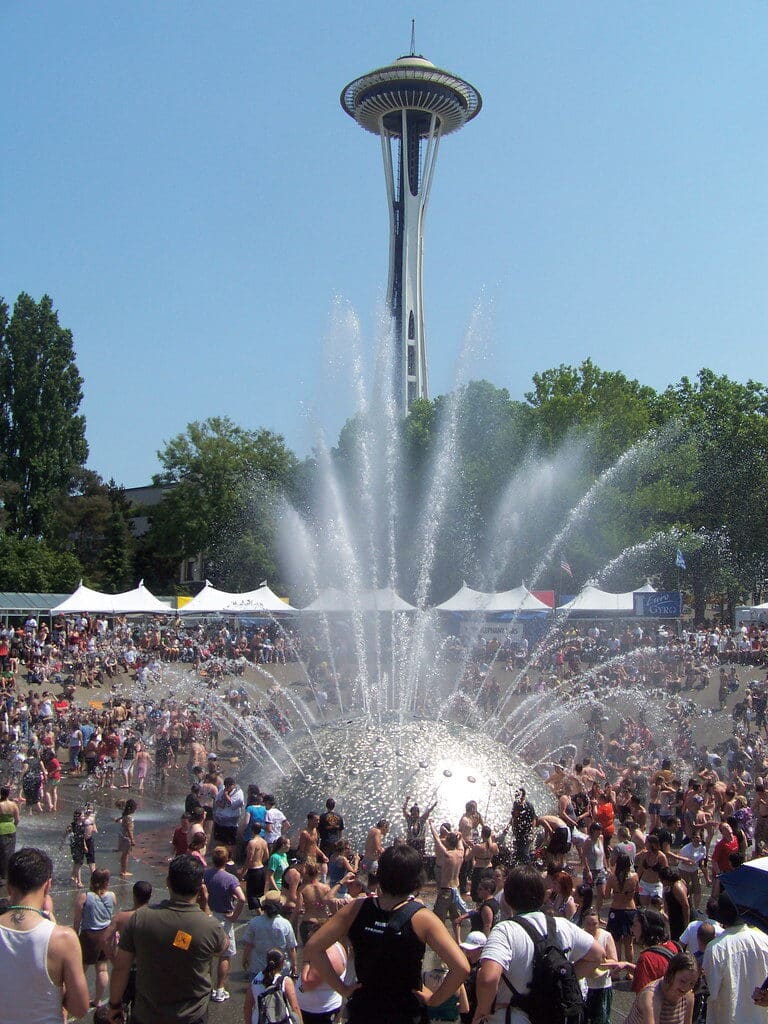 Crowds gathering at Seattle Center fountain with the Space Needle during the Top Things to Do in Seattle During the World Cup 2026