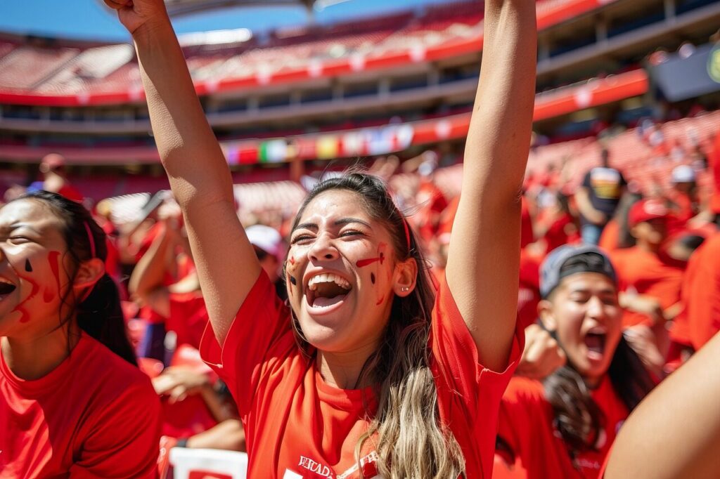 Excited football fan celebrating in a crowd wearing team colors