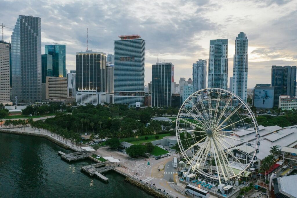 Miami skyline with waterfront and ferris wheel at Bayfront Park