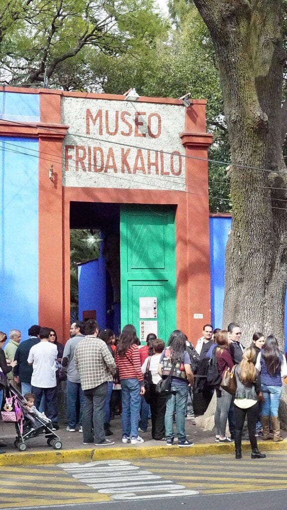 Visitors queuing at the Frida Kahlo Museum Casa Azul entrance in Coyoacán Mexico City