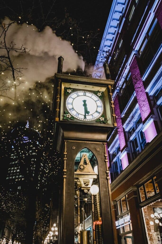 Top Things to Do in Vancouver During the World Cup 2026 15 Gastown Steam Clock at night with steam and city lights in Vancouver