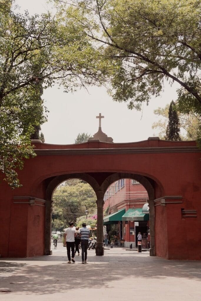 Coyoacán plaza in Mexico City with trees, benches, and people relaxing in a quiet neighborhood setting