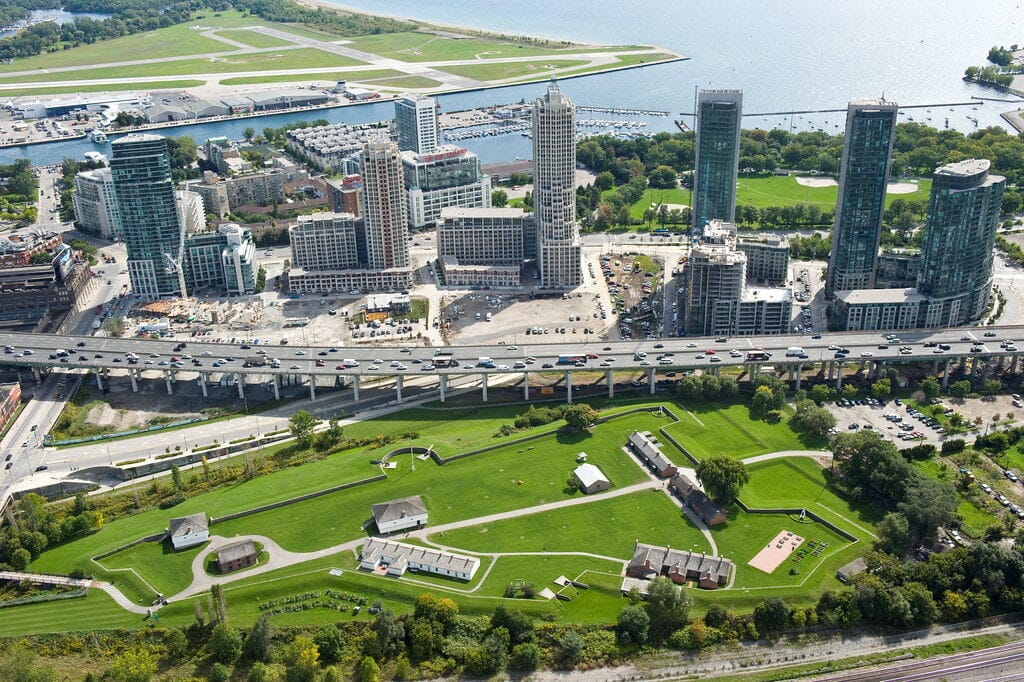 The Bentway Toronto under the Gardiner Expressway with warm lighting and urban atmosphere during the World Cup 2026