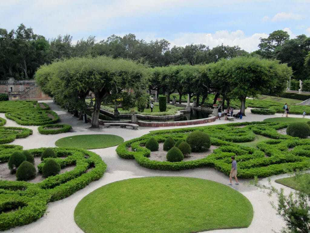 Formal gardens at Vizcaya Museum and Gardens in Miami with fountains and greenery