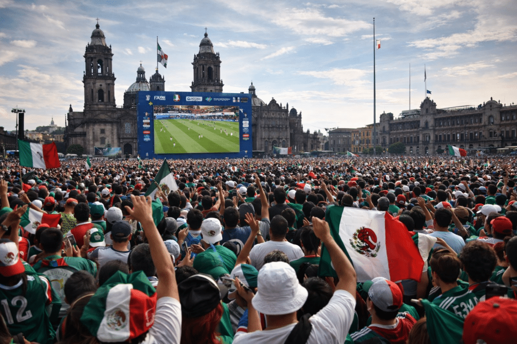 Best Places to Watch World Cup 2026 Matches Live: Top Spots If You Have No Ticket 2 Massive crowd watching a World Cup match on a giant screen at Mexico City’s Zócalo