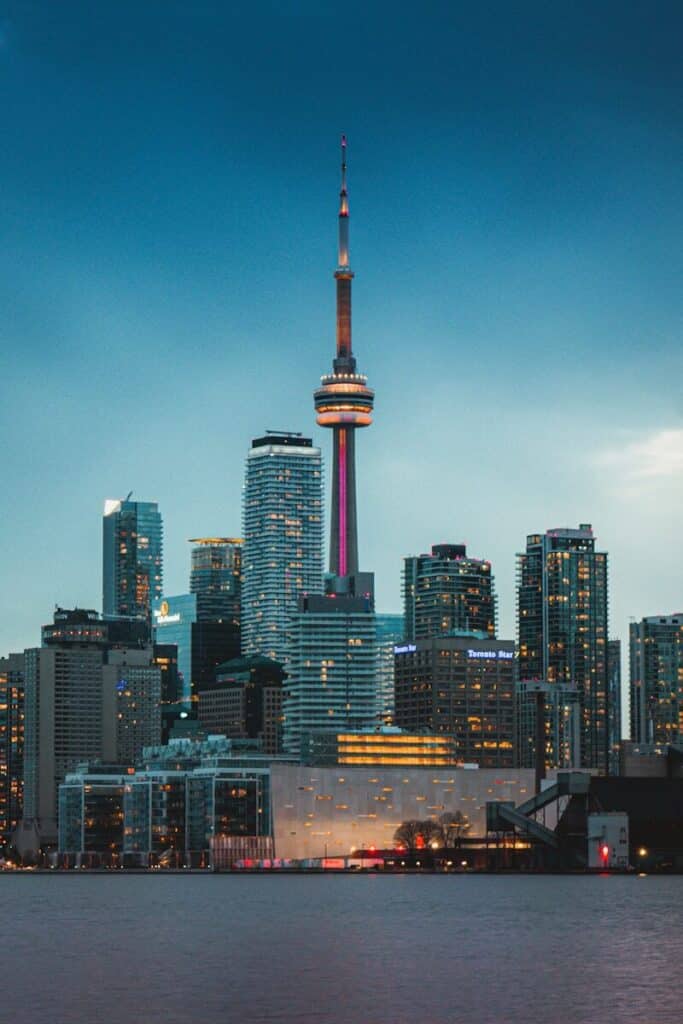 Toronto skyline at sunset with the CN Tower overlooking Lake Ontario during the World Cup 2026