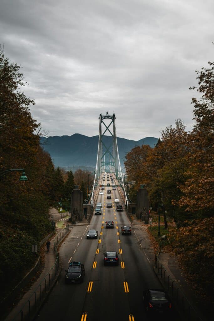 Vancouver Lions Gate Bridge under cloudy skies, representing cool and mild weather during the World Cup 2026