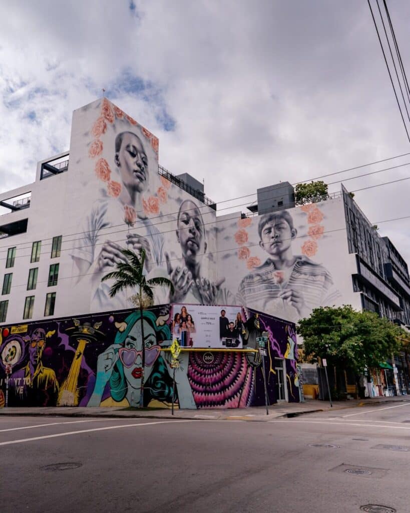 Large-scale street art murals on buildings in Wynwood Miami Arts District