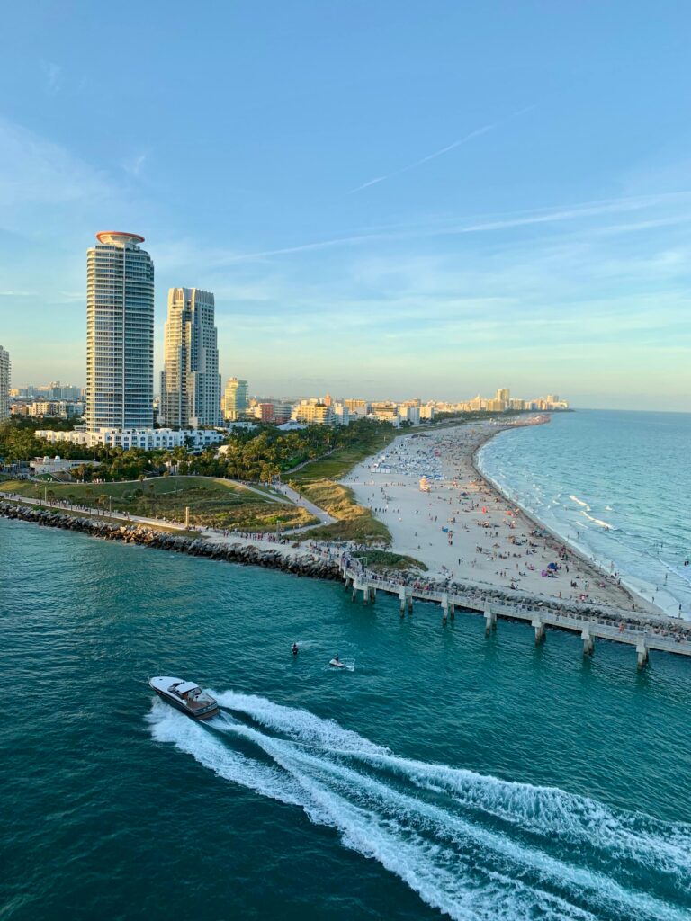 Miami Beach coastline with skyline and turquoise water on a sunny day
