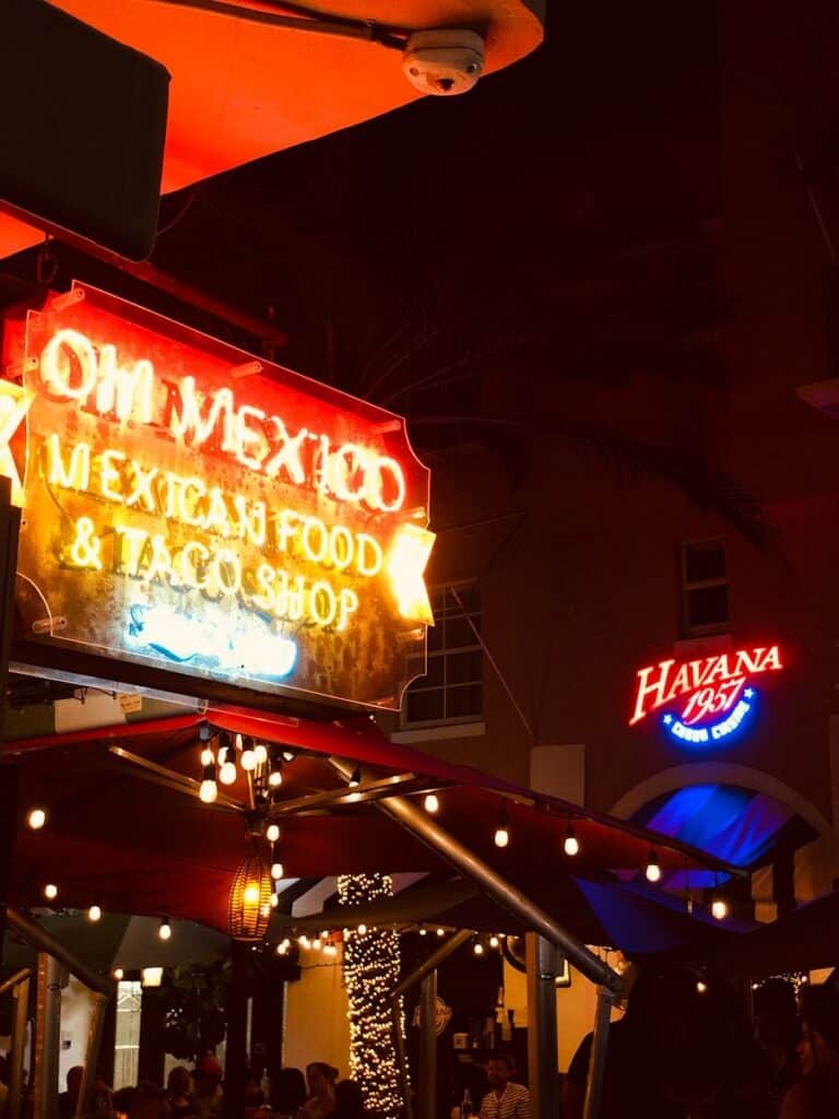Mexican street food restaurant at night in Los Angeles with neon lights
