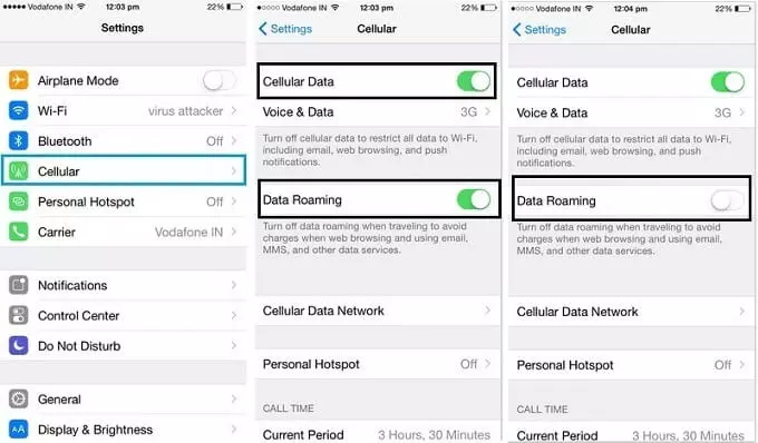 turn on data roaming on iphone