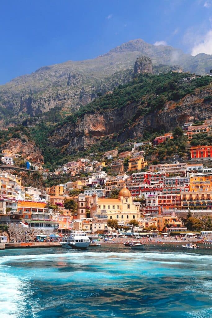 Colorful hillside village on the Amalfi Coast overlooking the Mediterranean Sea in Italy