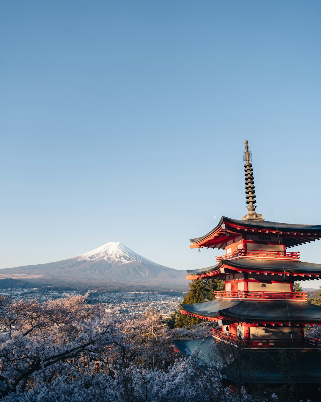 A tall pagoda stands with a mountain in the winter backdrop