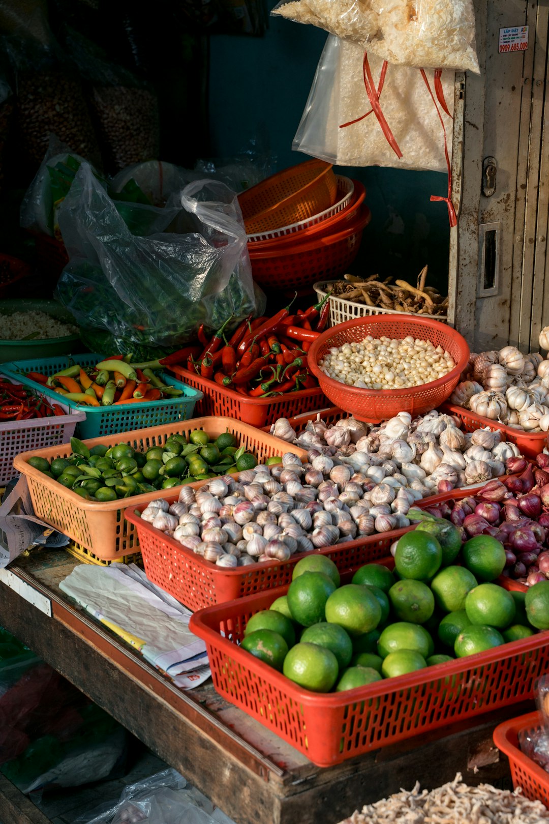 Fresh produce displayed at a local Southeast Asian market