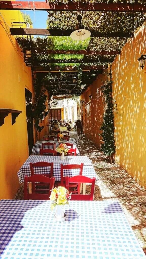 sun-dappled outdoor taverna alley in Greece with blue checked tablecloths and vine pergola
