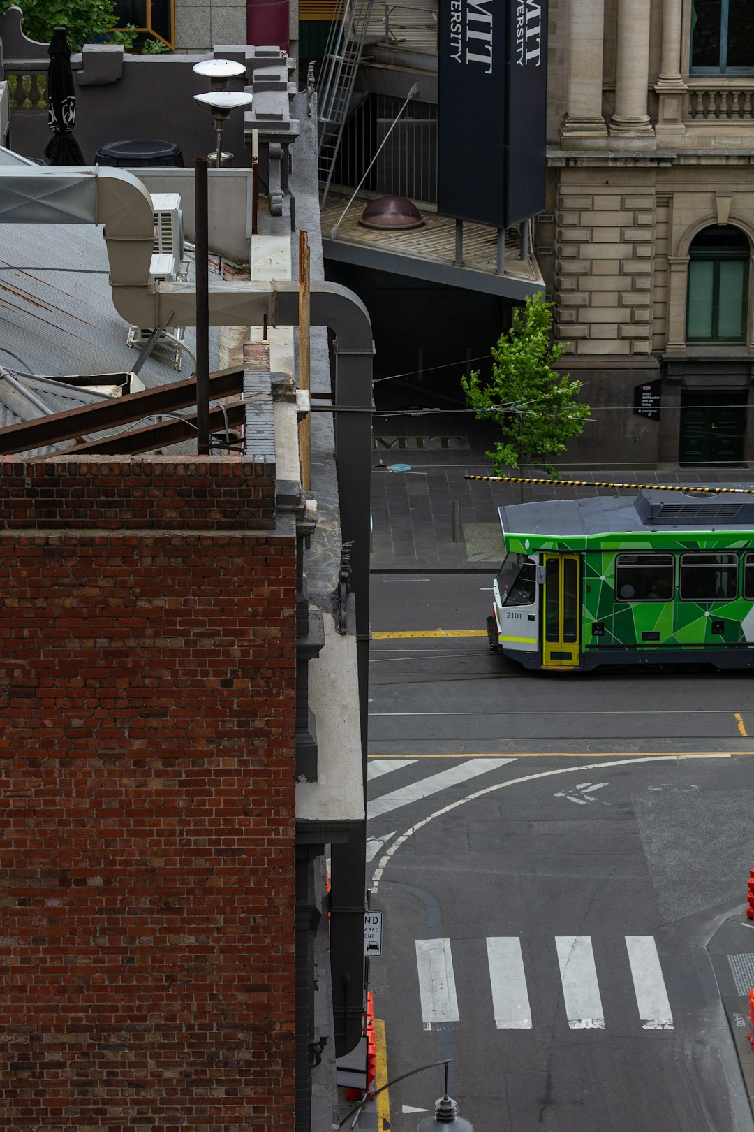 Green bus driving past a tall city building
