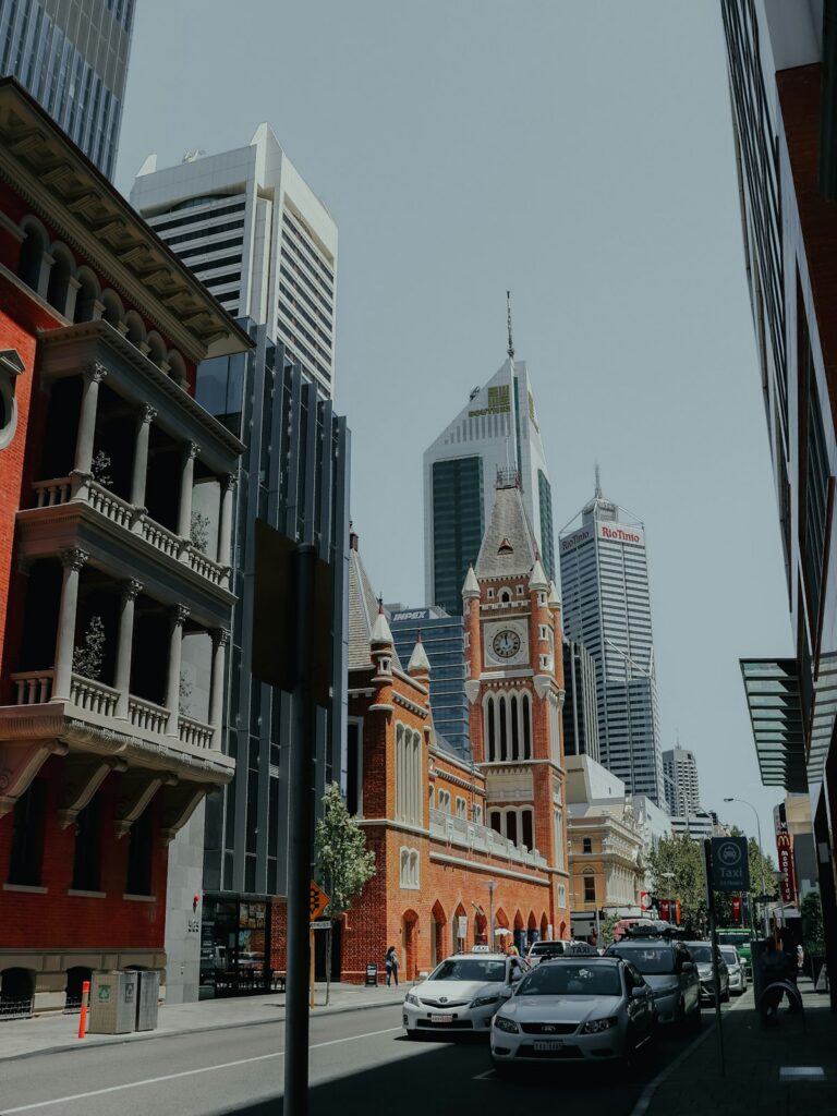 City street with a clock tower in Australia