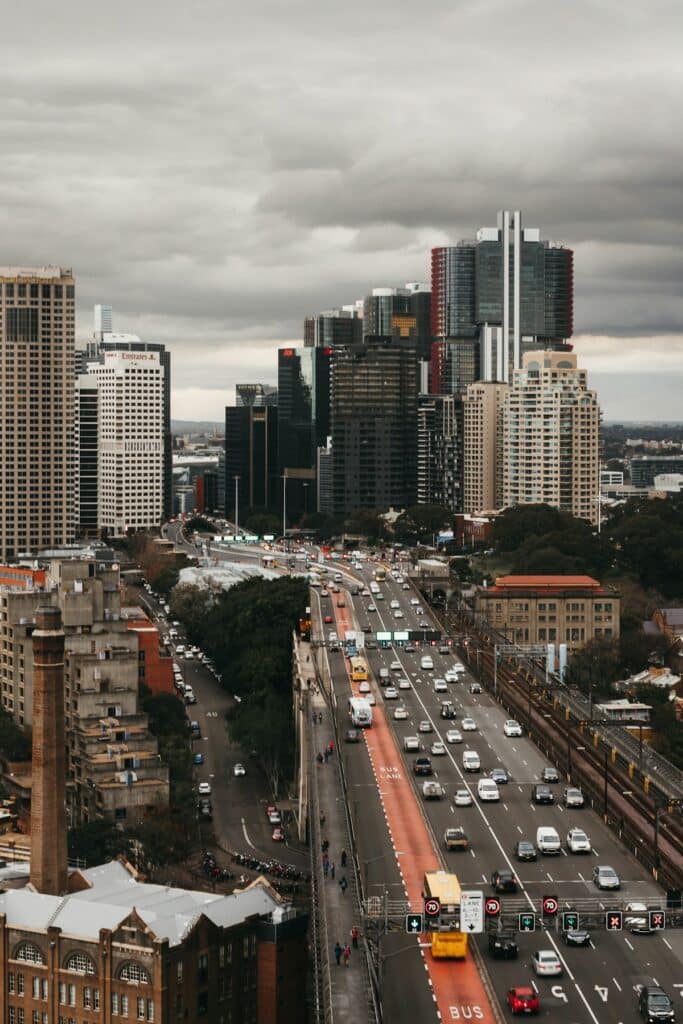 Urban view from atop the Sydney Harbour Bridge pylons