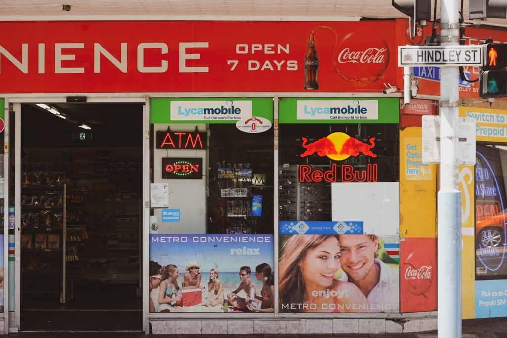 Storefront with advertisements on an Australian street