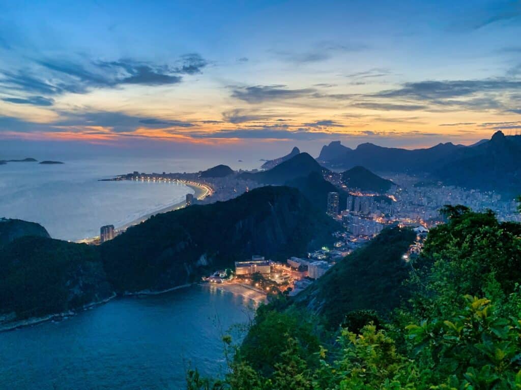 Aerial view of mountains surrounded by the sea in Brazil