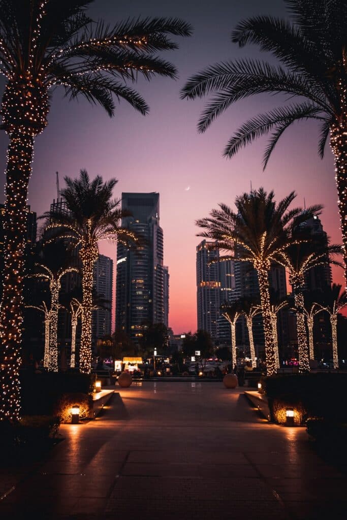 Dubai Marina illuminated in the evening