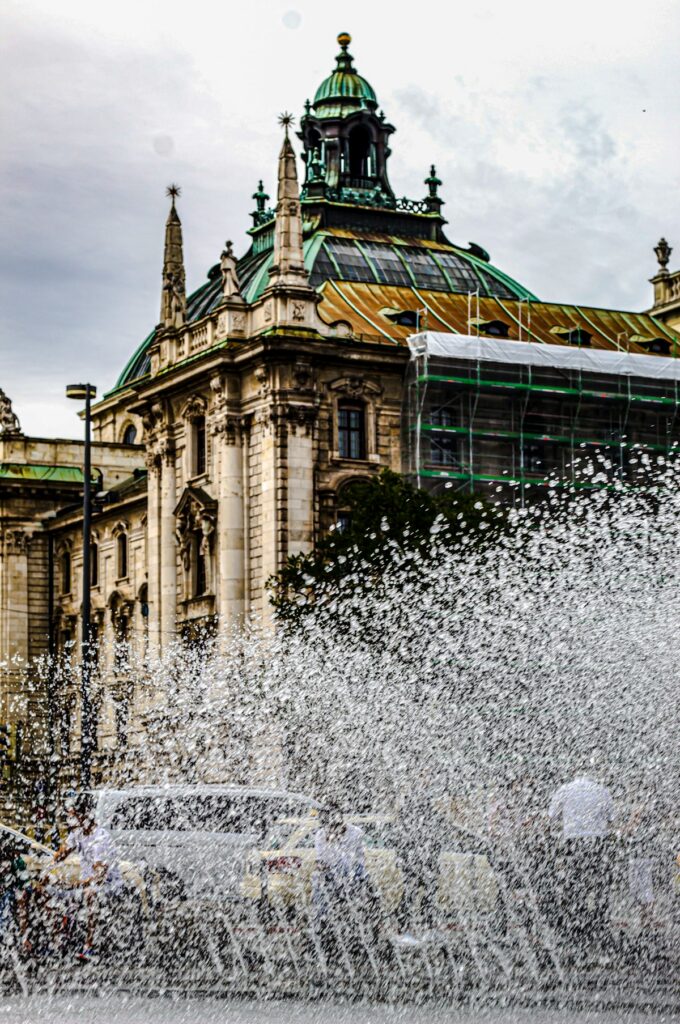 Water fountain in front of a European building