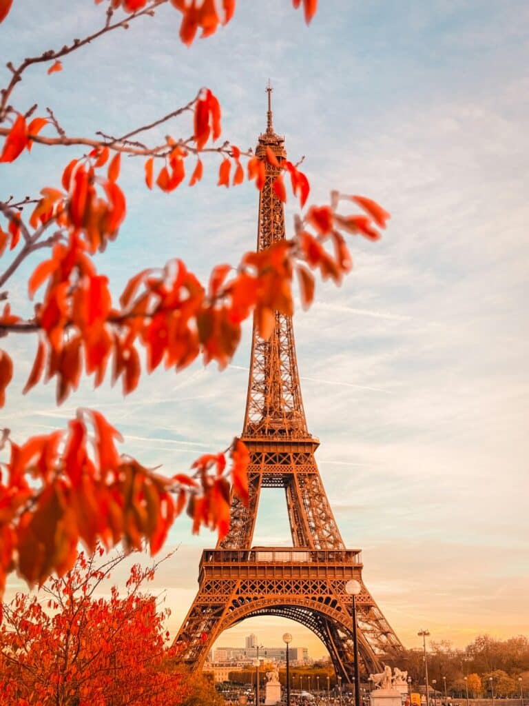 Eiffel Tower framed by autumn leaves in Paris