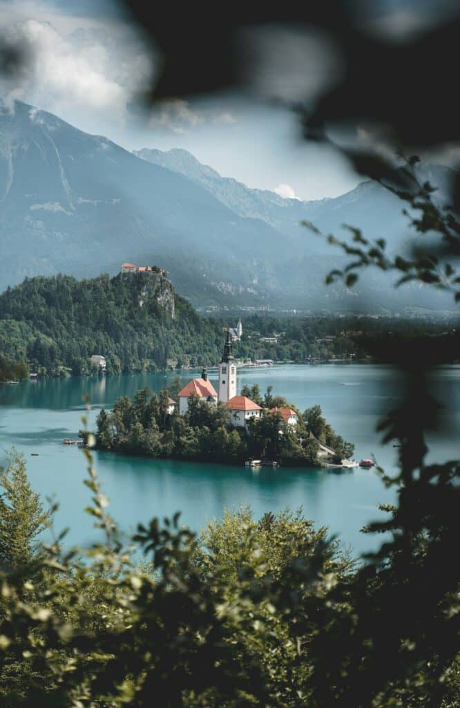 Lake Bled's island church sits surrounded by turquoise alpine water
