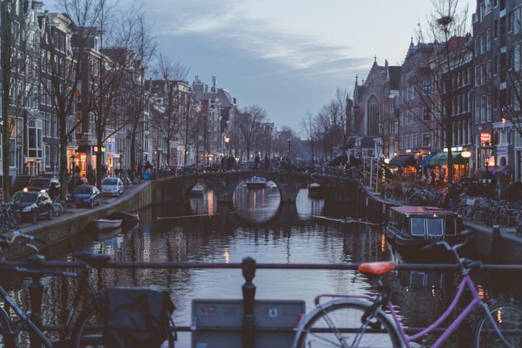 Prinsengracht canal in Amsterdam lined with houseboats