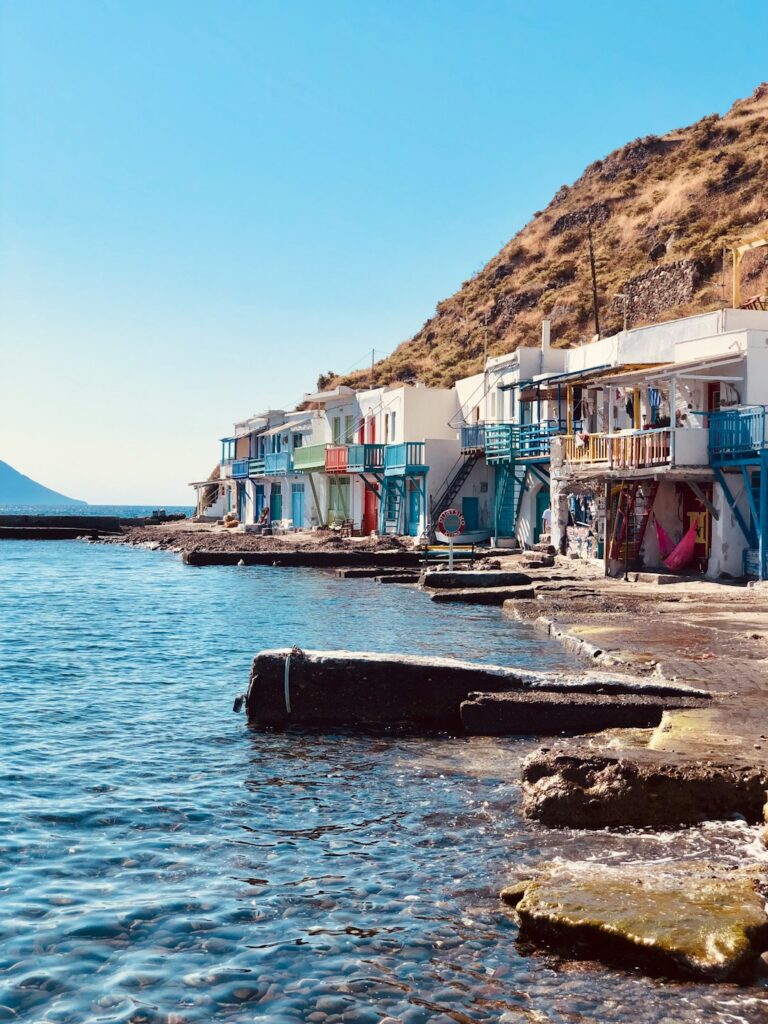 Klima fishing village in Milos with colourful boat houses along the shore
