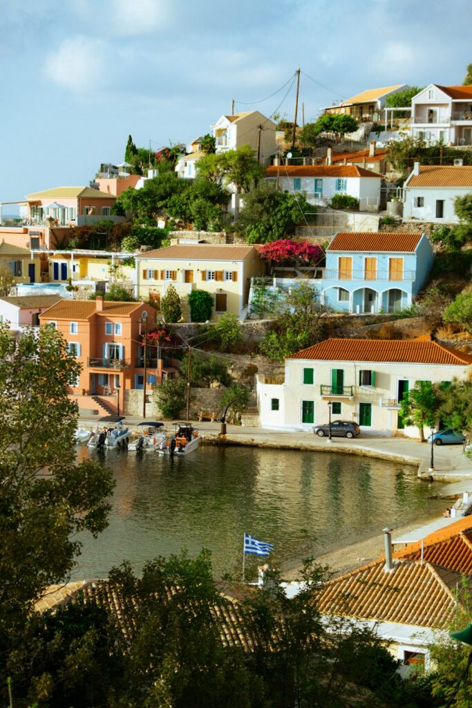 Cycladic village perched on a hillside overlooking the sea near Paros