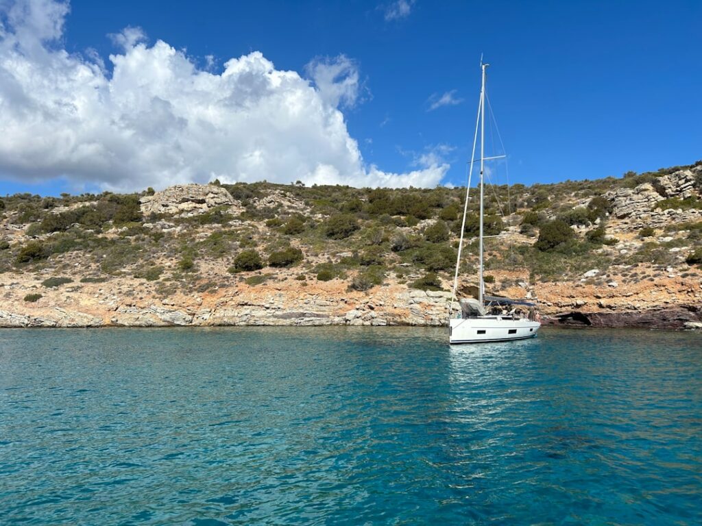 Coastal scene in the Saronic Islands with clear water near the shore