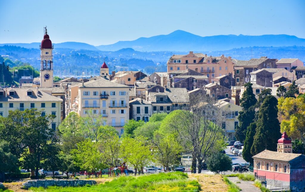 Corfu Town rooftops and coastline viewed from the historic citadel