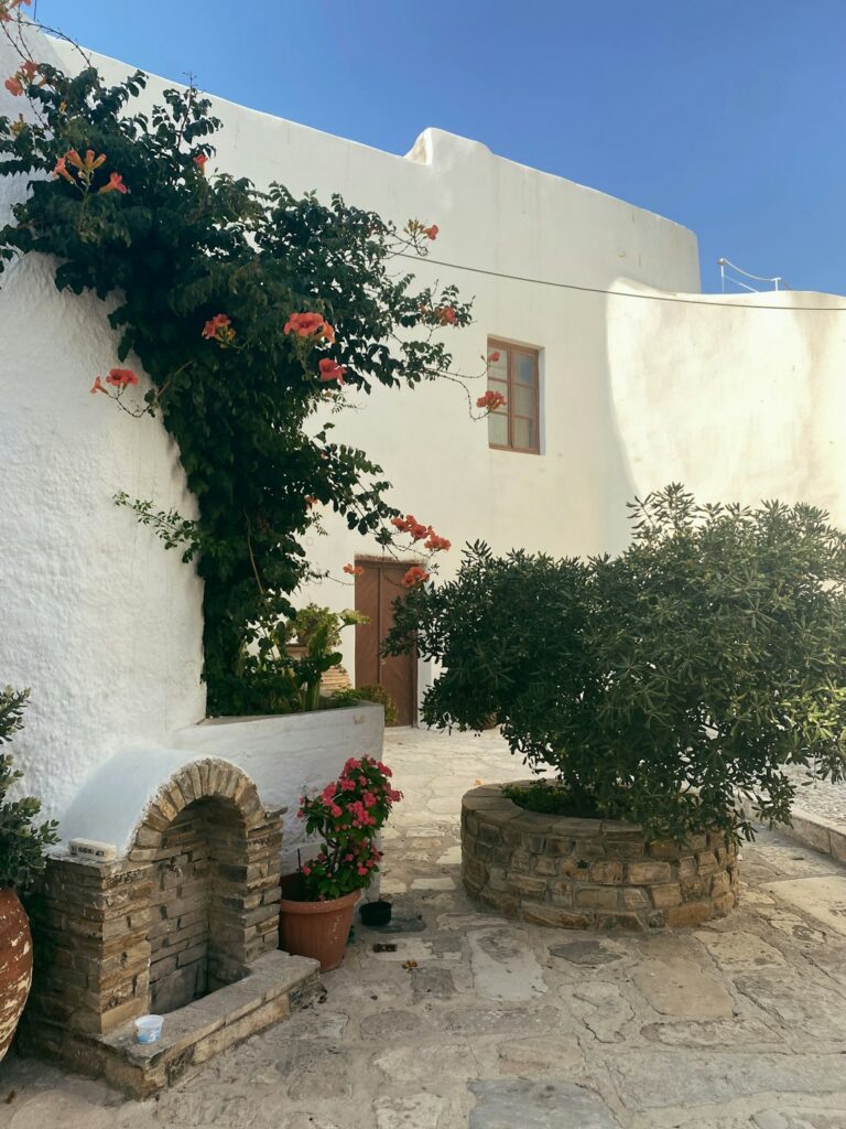 Alternatives to Santorini: Less Crowded Greek Islands Worth Visiting 15 Traditional white building with a stone fireplace and potted plants