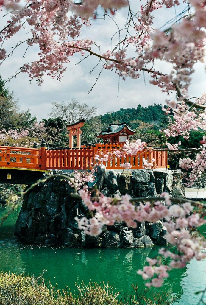A traditional house sits beside calm water in early spring