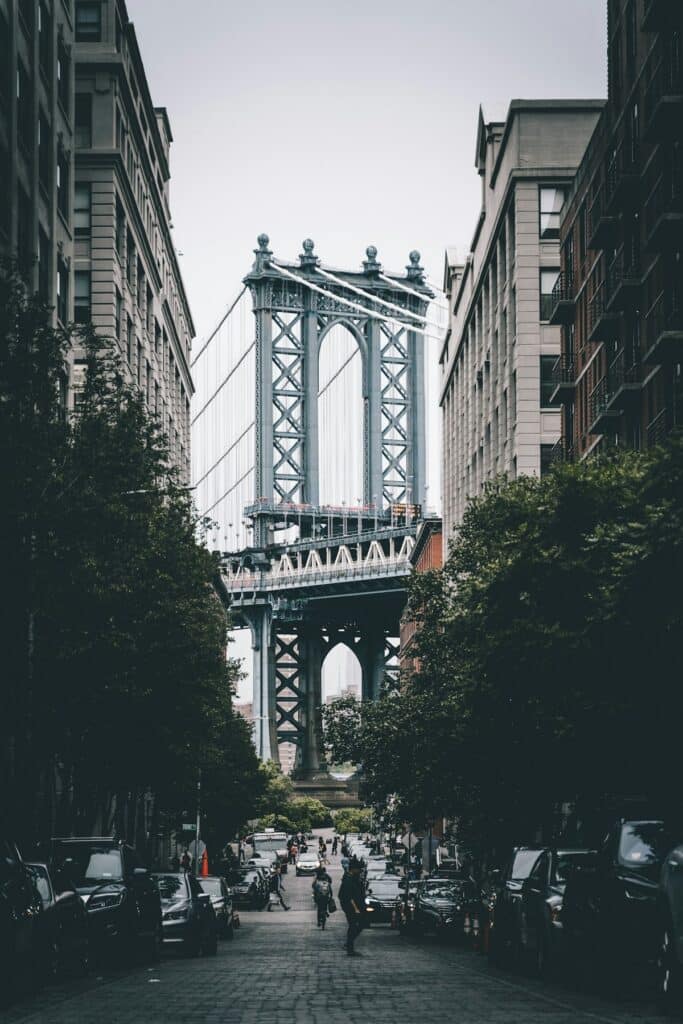 Group of travelers walking near the Brooklyn Bridge