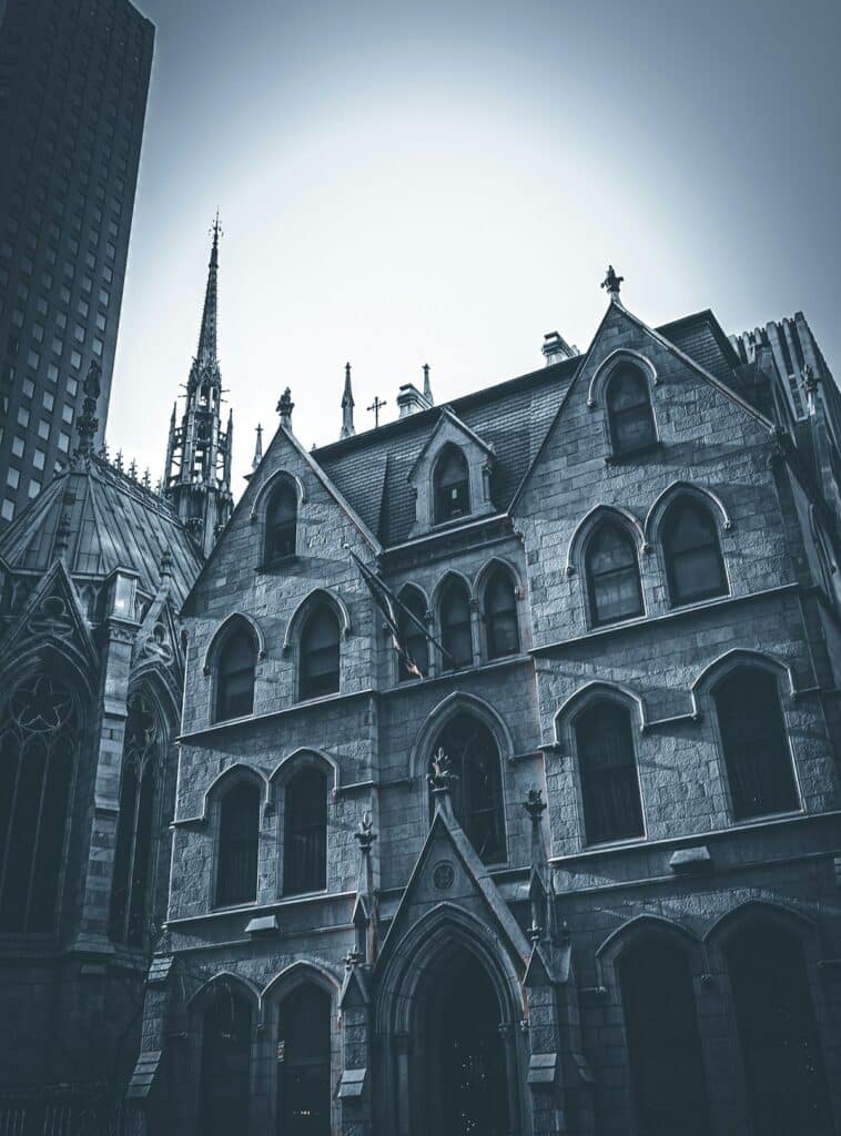 Looking up at Holy Trinity Lutheran Church in Manhattan