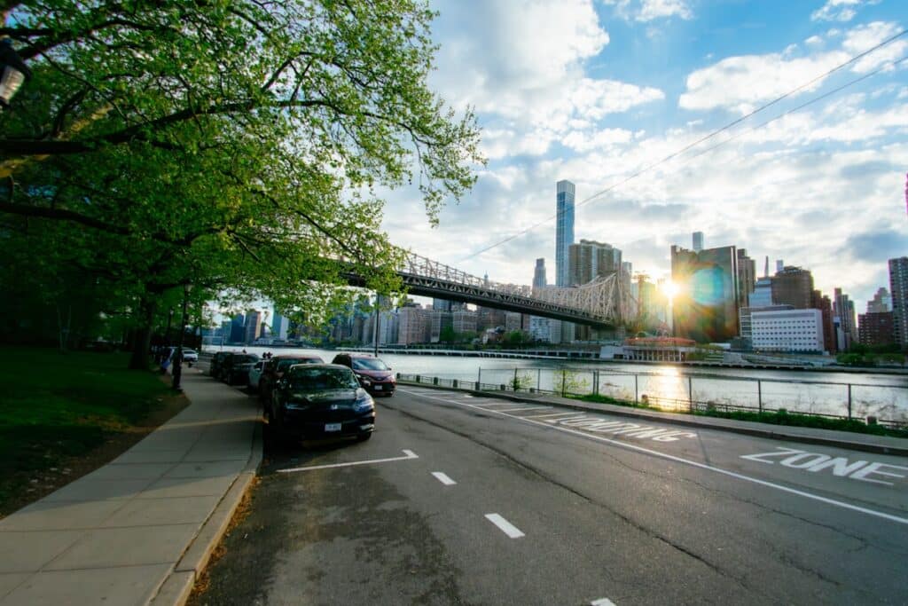 Queens skyline and bridge at sunset