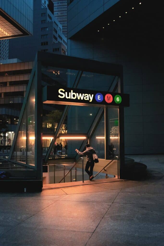 Subway station platform lit up at night