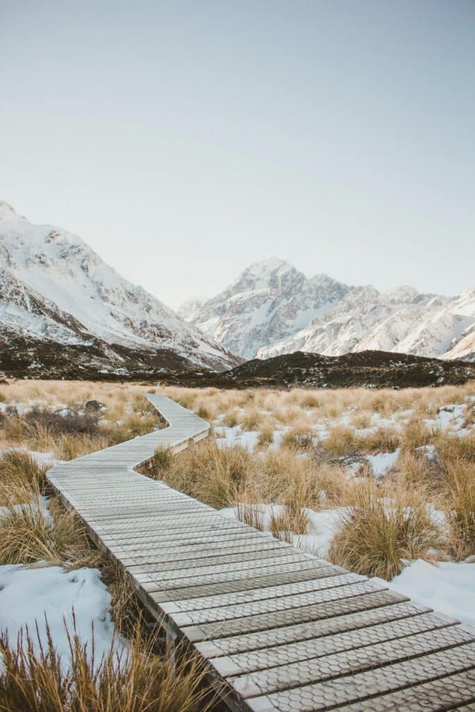 Best Internet Options for Travellers in New Zealand (2026) 7 hikers on Hooker Valley Track with snow-capped peaks behind