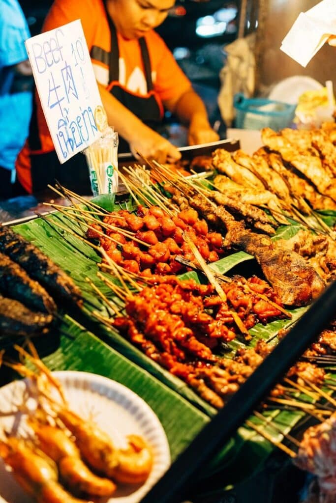 Skewered beef on display at a street food stall