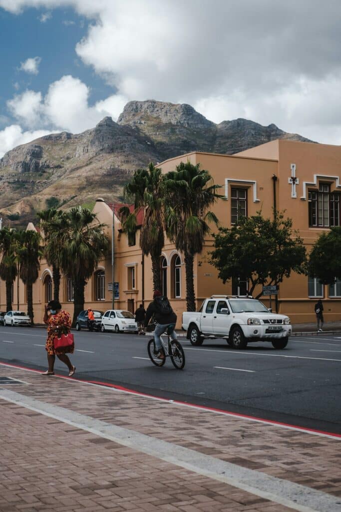 person riding a bicycle past palm trees with a mountain backdrop