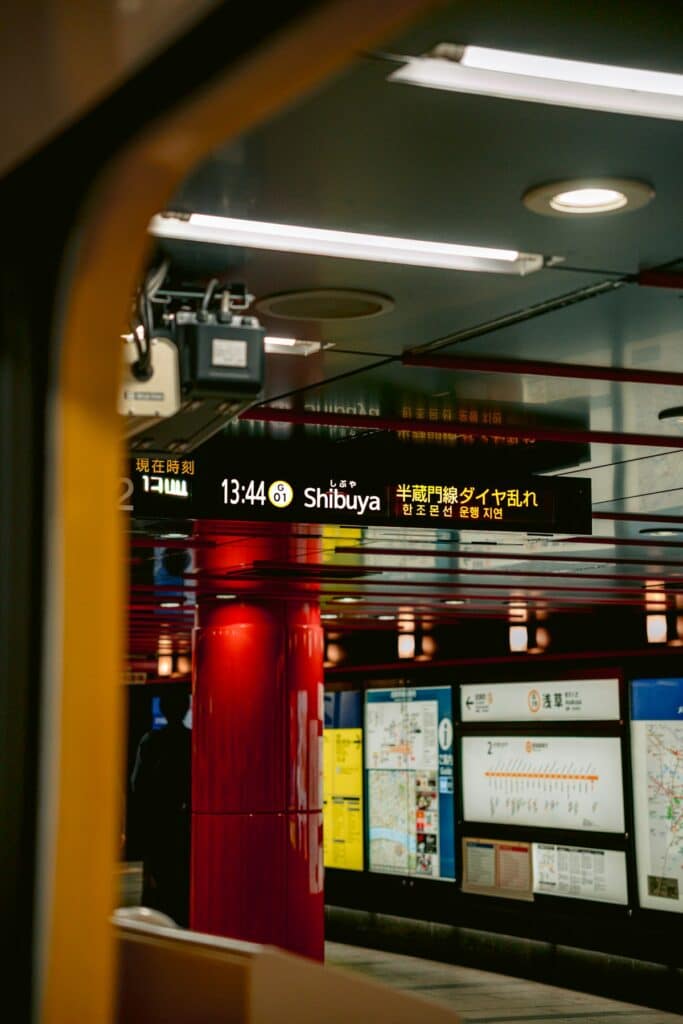 Signage and advertisements along a Tokyo station platform