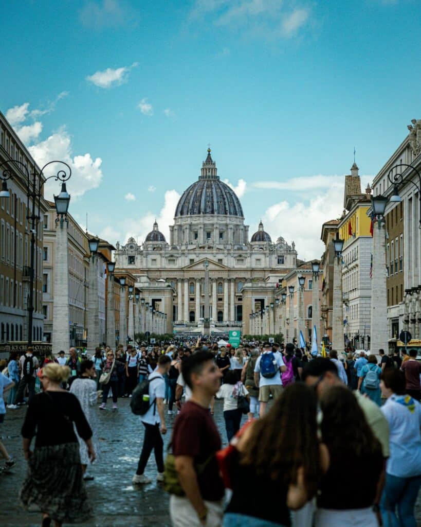 Large crowd gathered outside St. Peter's Basilica in Vatican City
